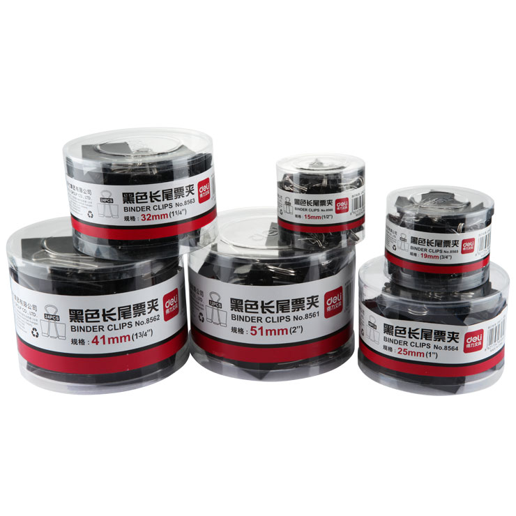 得力8561-8566黑色筒装长尾夹 票夹燕尾夹子