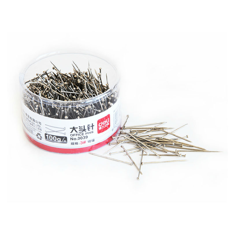 得力0039大头针 3号直别针金属大头针 100克/筒